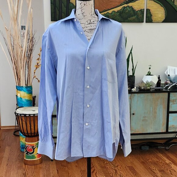 ZEGNA Regular Fit Micro Striped Blue and White Button-down Shirt - Picture 1 of 12